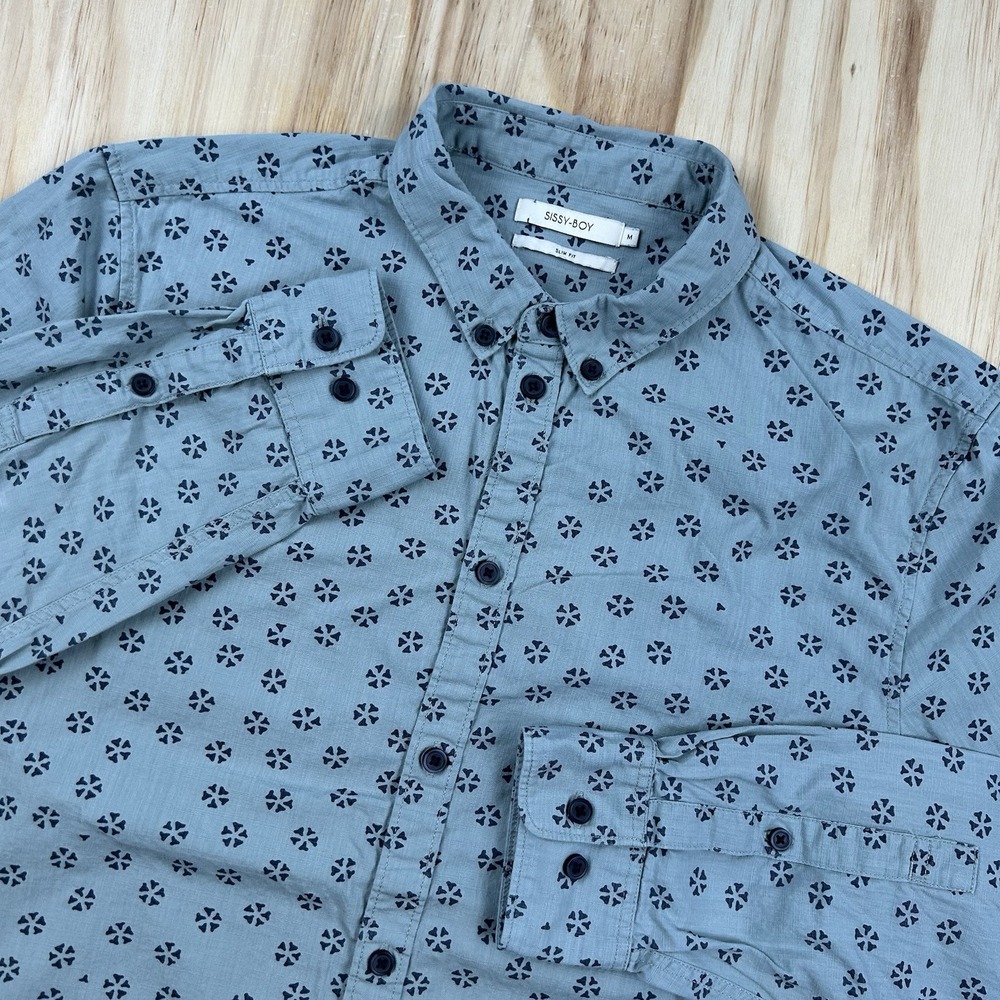 Sissy-Boy Men's Long Sleeve Cotton Pattern Button Down Shirt Green Medium